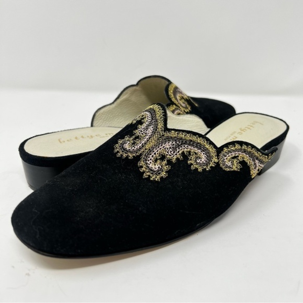 Bettye Muller Black Mules with Gold Embroidery